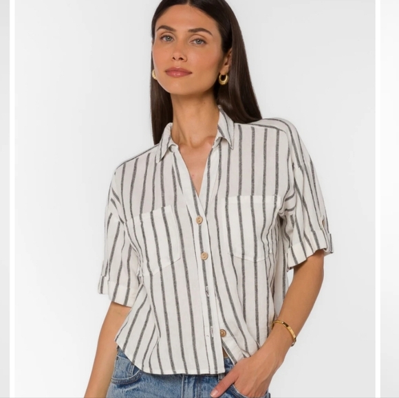 Velvet Heart Brandon Black Stripe Linen Blend Button Front Shirt | Size M - Picture 6 of 7